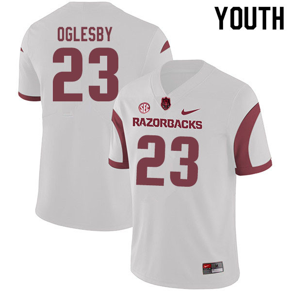 Youth #23 Josh Oglesby Arkansas Razorbacks College Football Jerseys Sale-White - Click Image to Close